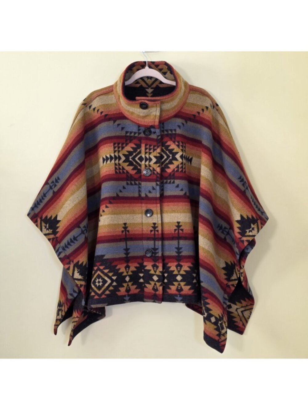 Reversible Wool Cape Poncho OS Southwestern Geometric Aztec Button Jacket Button - Picture 2 of 15